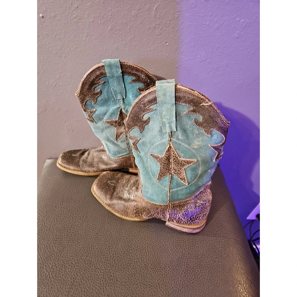 Roper Kids Youth Sz 3 Blue Cowboy Western Boots Square Toe‎ Pull On Lots Of Wear